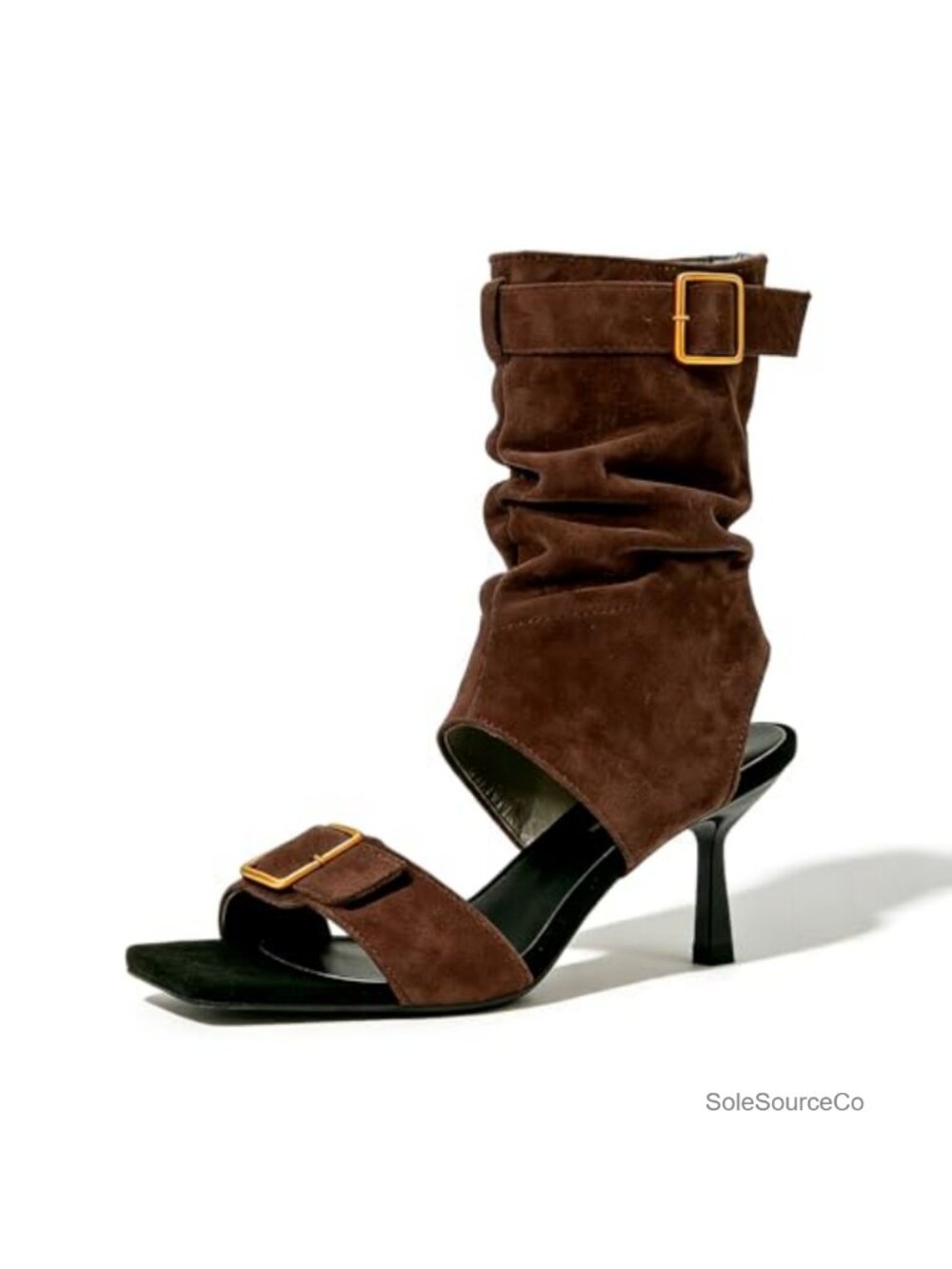 Faux Suede Kitten Heel Slingback Sandal Boots Belt Buckle Square Toe